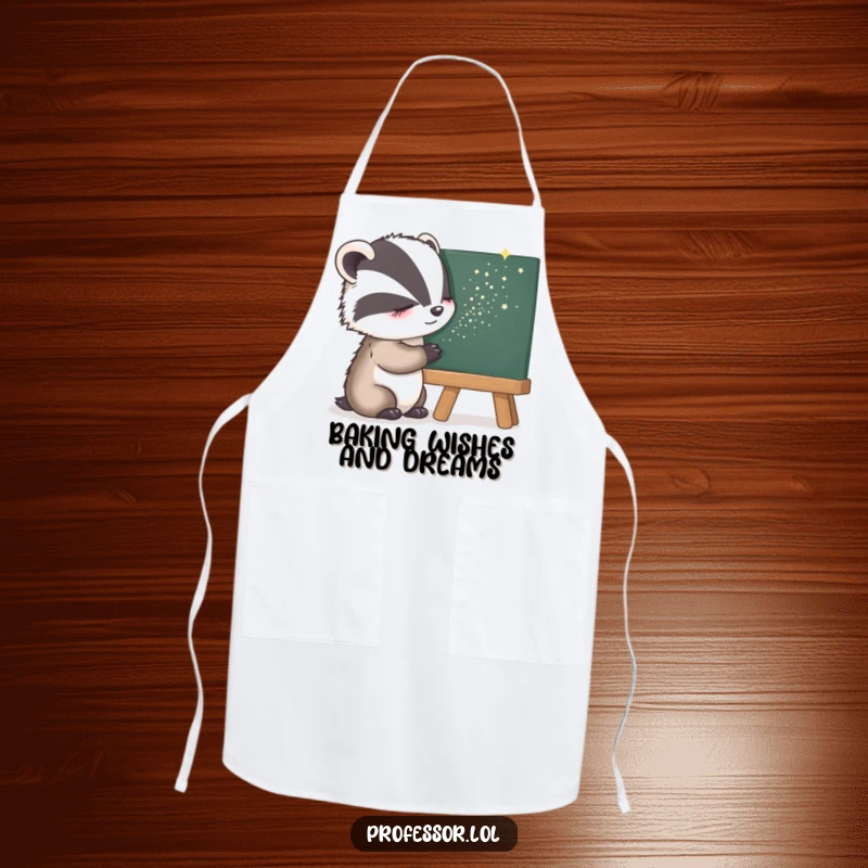 Funny Apron showcasing a sleepy badger sprinkling stardust onto a blackboard, adding a touch of magic to cooking and baking.