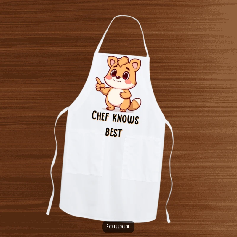 Funny apron showing a determined animal character lecturing animatedly with a pointer, ideal for adding humor to cooking and teaching.