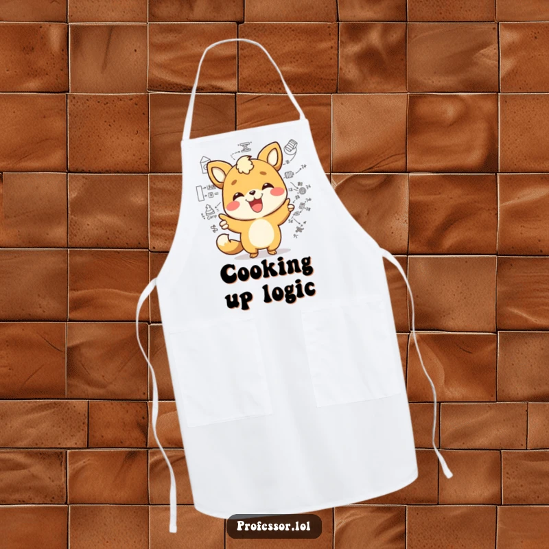 Funny kawaii animal character joyfully pointing at a complex diagram with a wide smile, a humorous apron for chefs and thinkers. Smart and stylish.