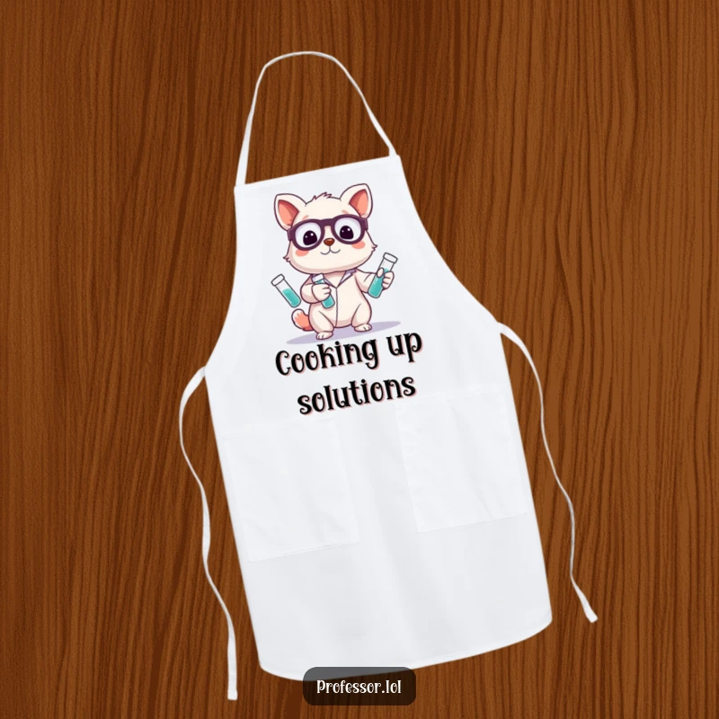 Funny apron depicting a cute animal character playfully juggling colorful test tubes, designed for kitchen or lab use with a humorous flair.