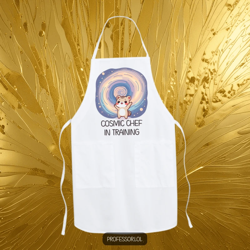 Funny apron showing a small animal character pointing at a swirling galaxy, designed for kitchen fun and protecting clothes.