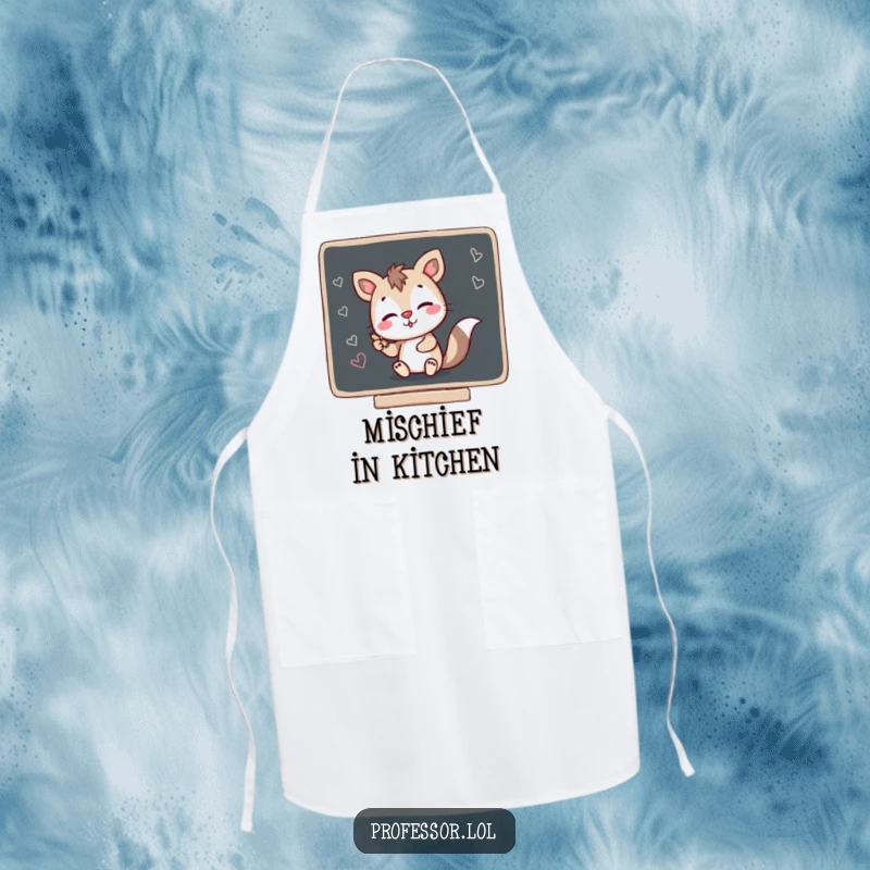 Funny apron showing a mischievous animal character scribbling on a blackboard with chalk, ideal for adding humor to kitchen activities.