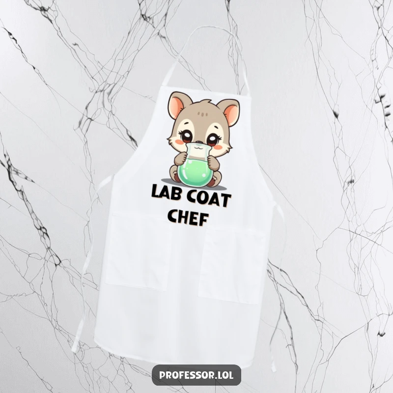 Funny apron showing a curious animal character examining a bubbling beaker, ideal for adding humor to lab work or cooking.