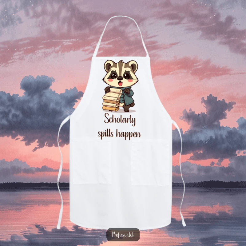 Funny Kawaii badger professor apron, scholar surprised dropping ancient scrolls, humorous kitchen wear, perfect for cooking enthusiasts.