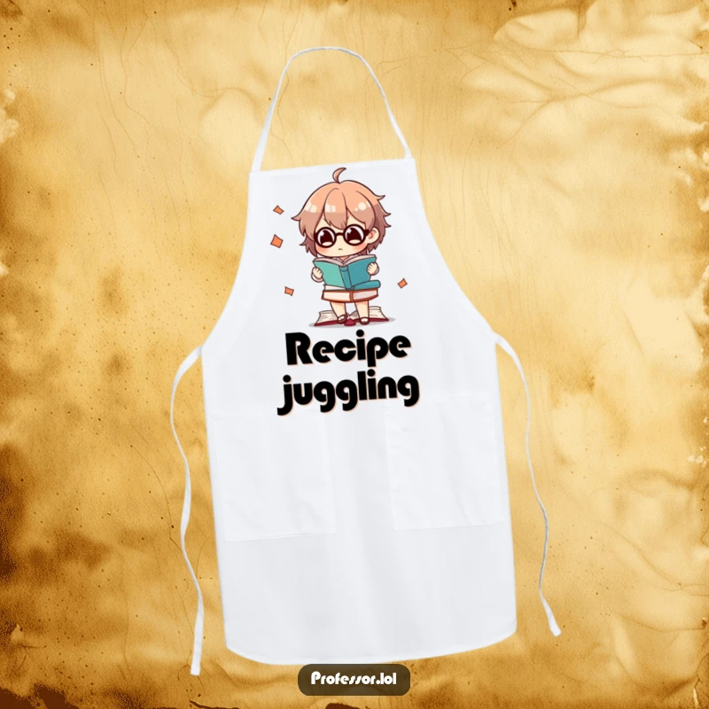 Funny apron showing a character concentrating while juggling books, ideal for a reader who also cooks.