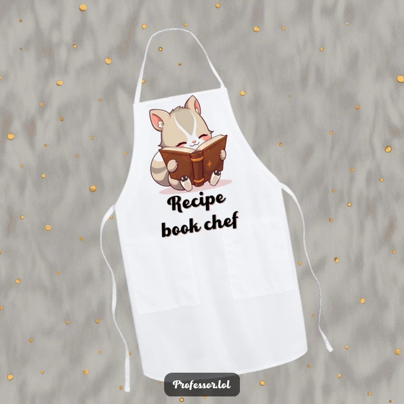 Funny apron with a cute animal character engrossed in reading a thick, ancient-looking book, ideal for kitchen creativity and bookish charm.