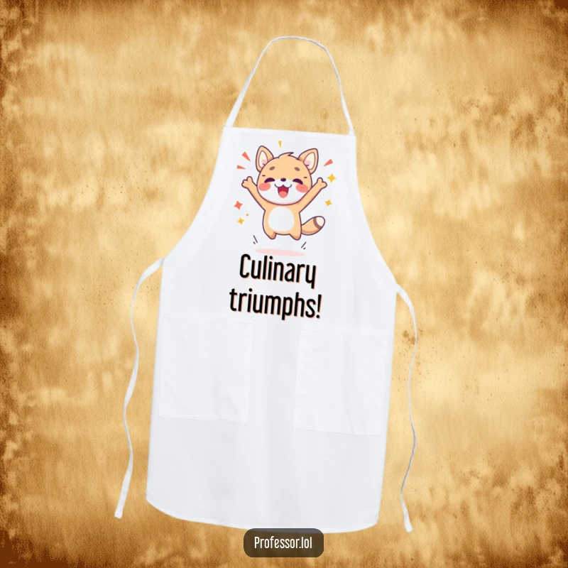 Funny apron depicting a cute animal character mid-jump, celebrating a personal breakthrough or culinary success with enthusiasm.