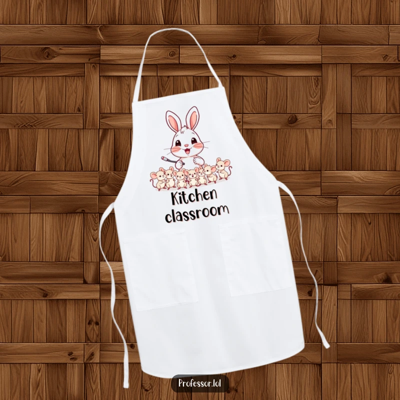Funny apron with a cheerful rabbit character teaching a class of tiny mice, ideal for kitchen or classroom.
