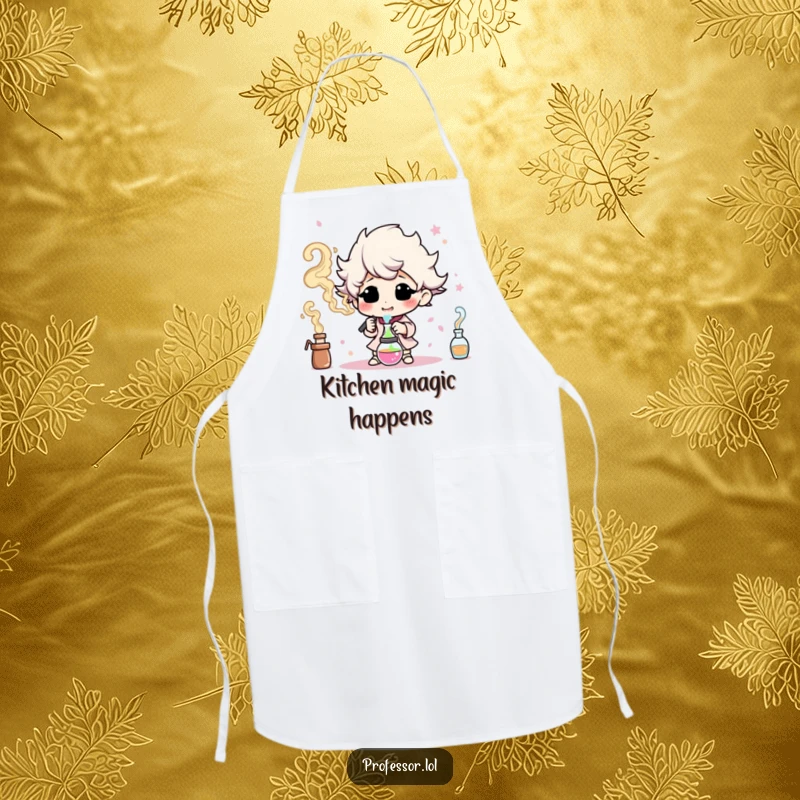 Funny apron featuring a character happily experimenting and creating colorful smoke, bringing artistic humor to cooking.