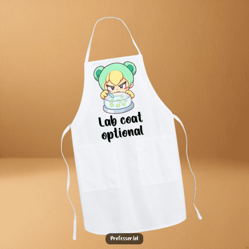 Funny apron featuring a determined character curiously examining a petri dish, bringing scientific humor to cooking.