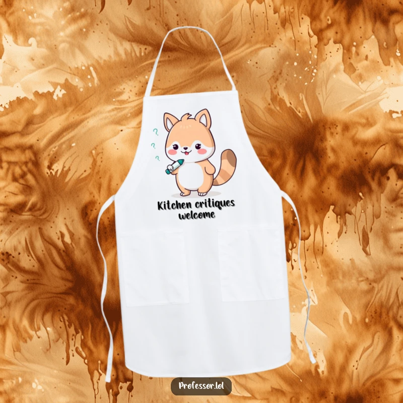 Funny apron depicting a cute animal character in a lively debate with a whiteboard marker, ideal for kitchens or creative spaces.