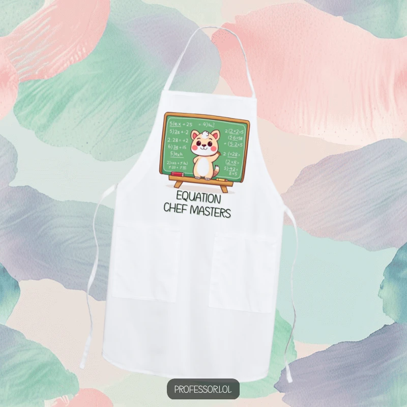 Funny apron featuring an animal character scribbling mathematical equations on a chalkboard, ideal for kitchen tasks with a smart twist.