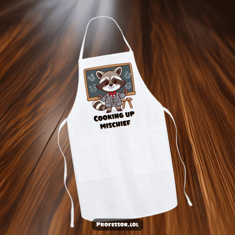 Funny Kawaii raccoon professor drawing silly faces on a blackboard, depicted on a humorous kitchen apron, ideal for cooking.
