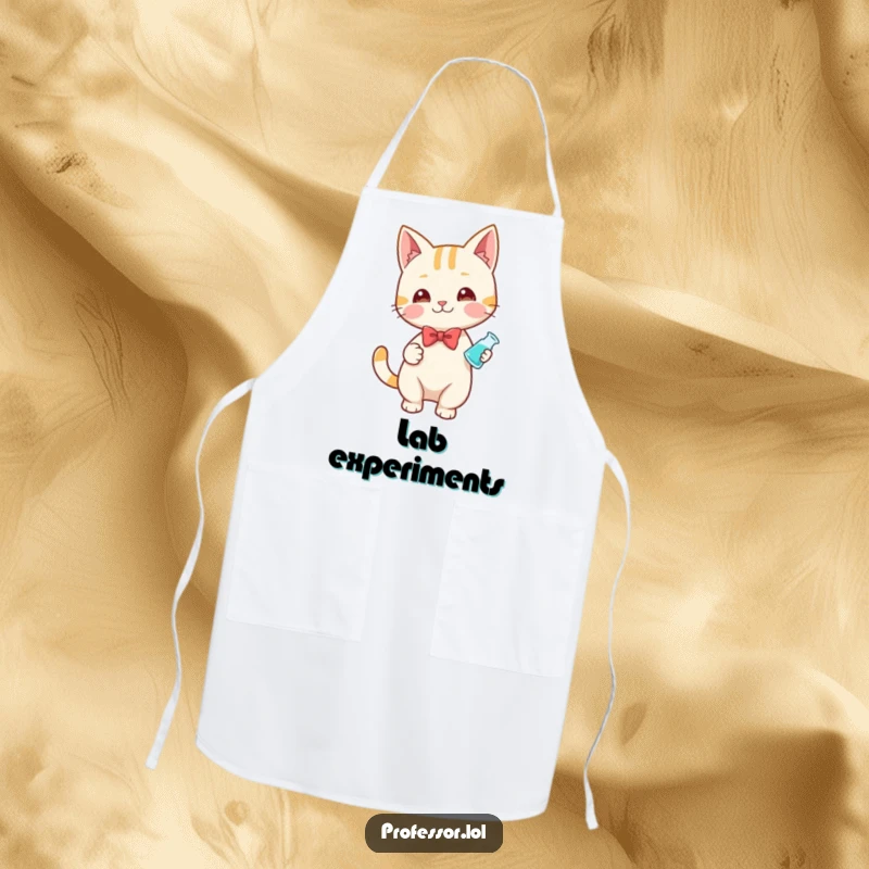 Funny apron with a playful cat wearing a bow tie, holding a small beaker, ready to perform some kitchen science.