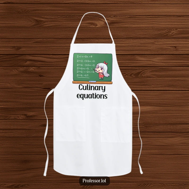 Funny apron with a character pointing at a chalkboard filled with mathematical equations, ideal for a smart chef.