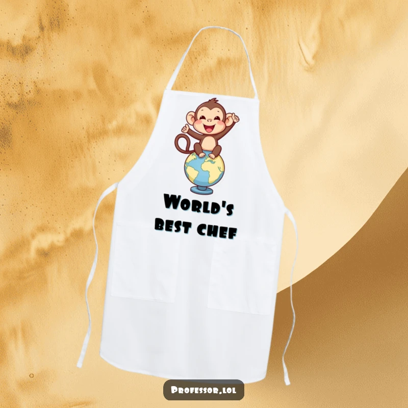 Funny delighted monkey balancing on a globe, cooking up a storm on this kitchen apron.