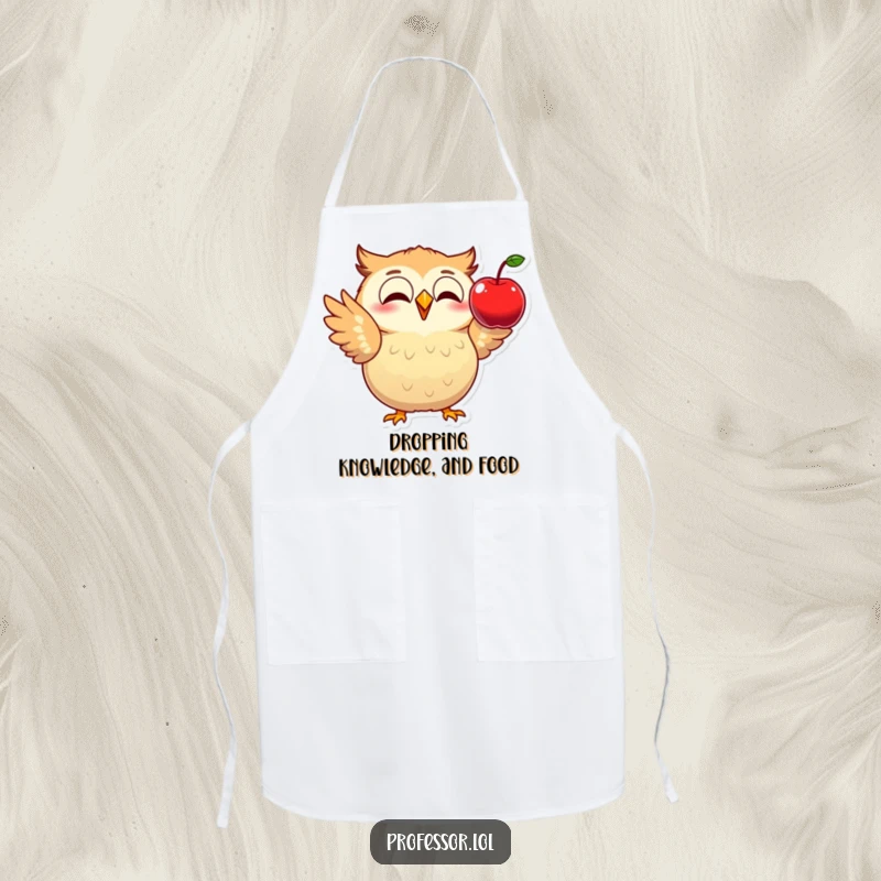 Funny apron featuring an excited owl demonstrating physics with a falling apple, perfect for cheerful and practical kitchen use.