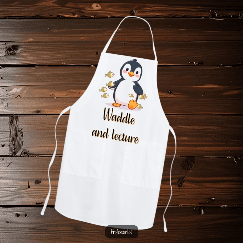 Funny apron featuring a playful penguin lecturing tiny fish, perfect for cheerful and practical kitchen use.