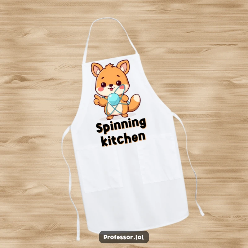 Funny apron with a cute animal character excitedly pointing at a spinning atom model, ideal for kitchen experiments and cosmic thoughts.