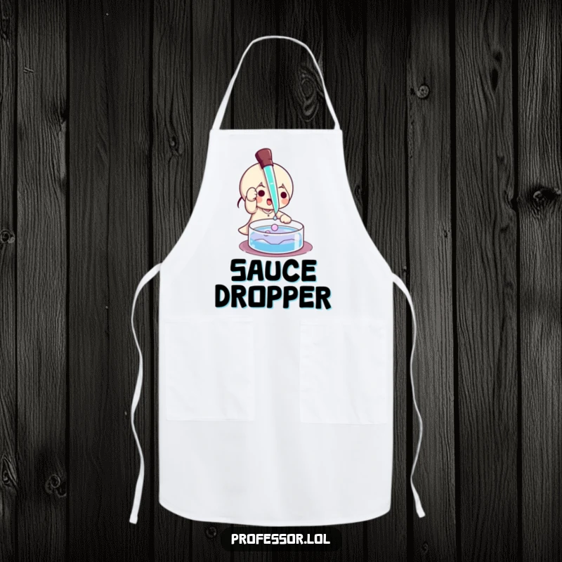 Funny apron showing a character playfully using a pipette to drip liquid onto a petri dish, ideal for a scientist chef.
