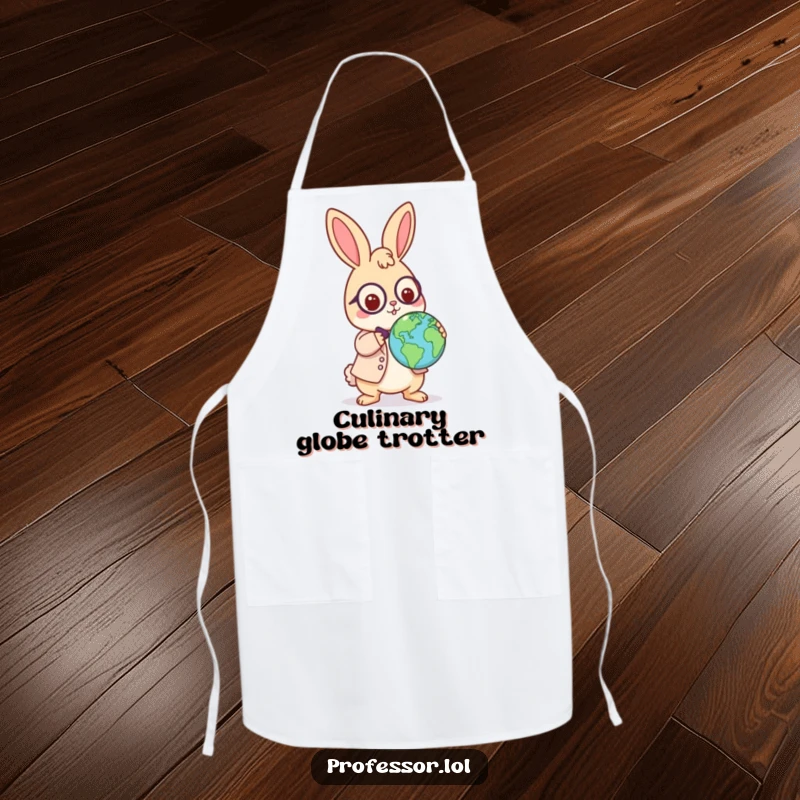 Funny Kawaii rabbit professor apron, playful scholar balancing a globe on its nose, humorous kitchen wear, perfect for cooking enthusiasts.