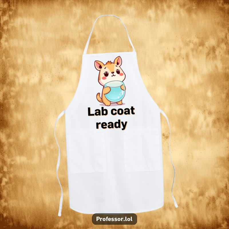 Funny cute animal character looking astonished at a floating beaker, humorous apron for kitchen scientists.