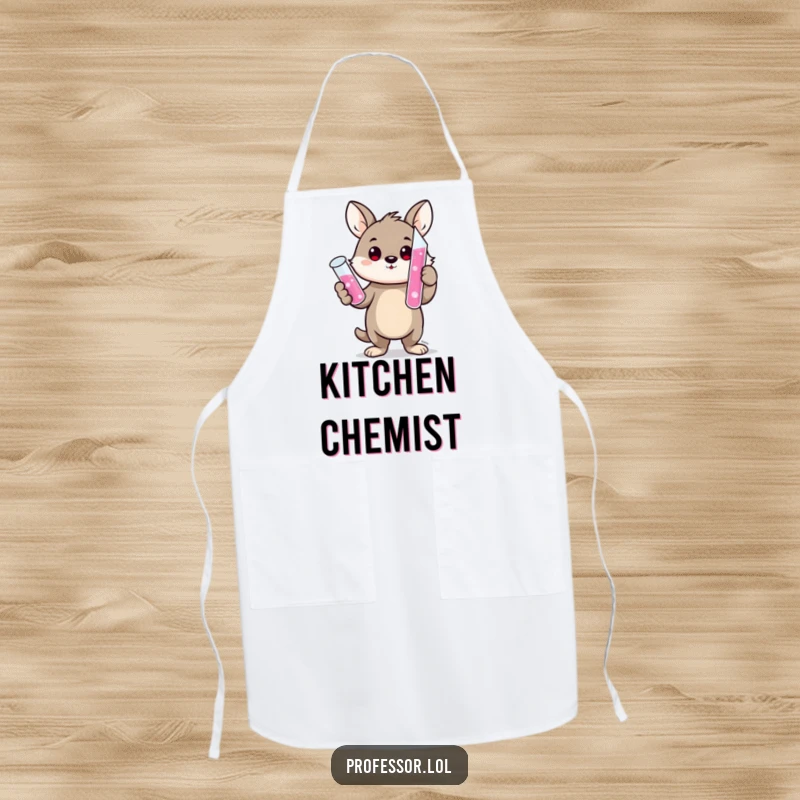 Funny apron with a cute animal character proudly holding a bubbling test tube, ideal for kitchen experiments and laughter.