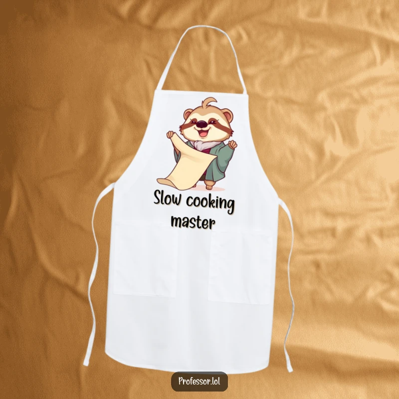 Funny Sloth Professor Apron: A joyful sloth professor slowly unfurls a very long scroll, a hilarious and practical kitchen apron.