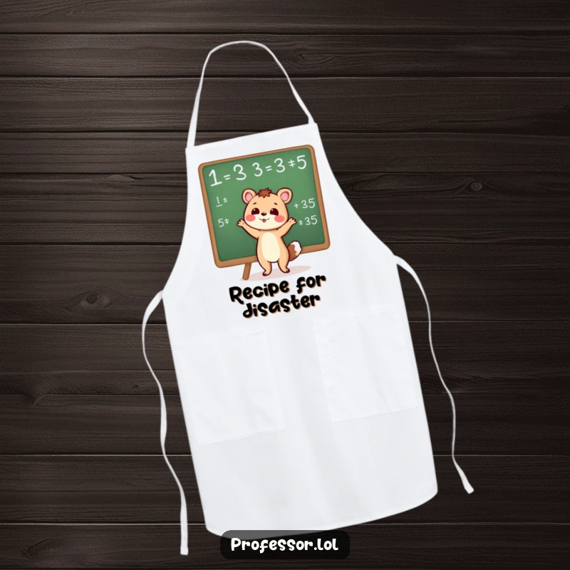 Cute animal enthusiastically gesturing towards a chalkboard equation, printed on a kitchen apron for smart cooks.