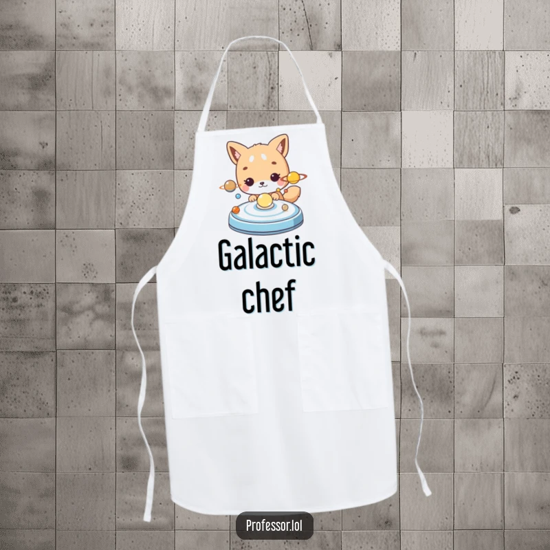 Funny cute animal character studying a model of the solar system, humorous apron for space-themed cooking.