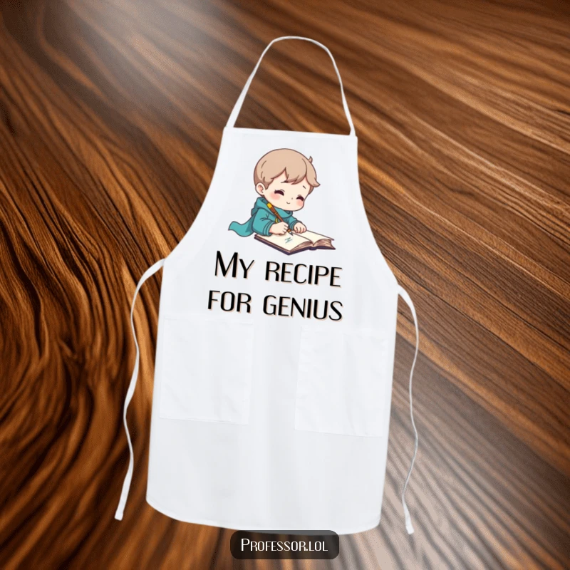 Funny apron for a storyteller, showing a character writing rapidly with a quill, perfect for creative sessions.