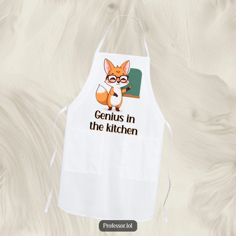 Funny giggling fox wearing spectacles and pointing at a chalkboard, teaching cooking on this kitchen apron.