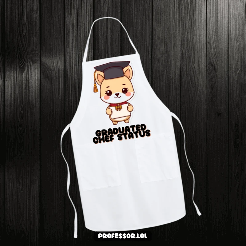 Funny graduation animal apron showing a cute scholar character holding a diploma in a kitchen setting, ready to cook with humorous flair.