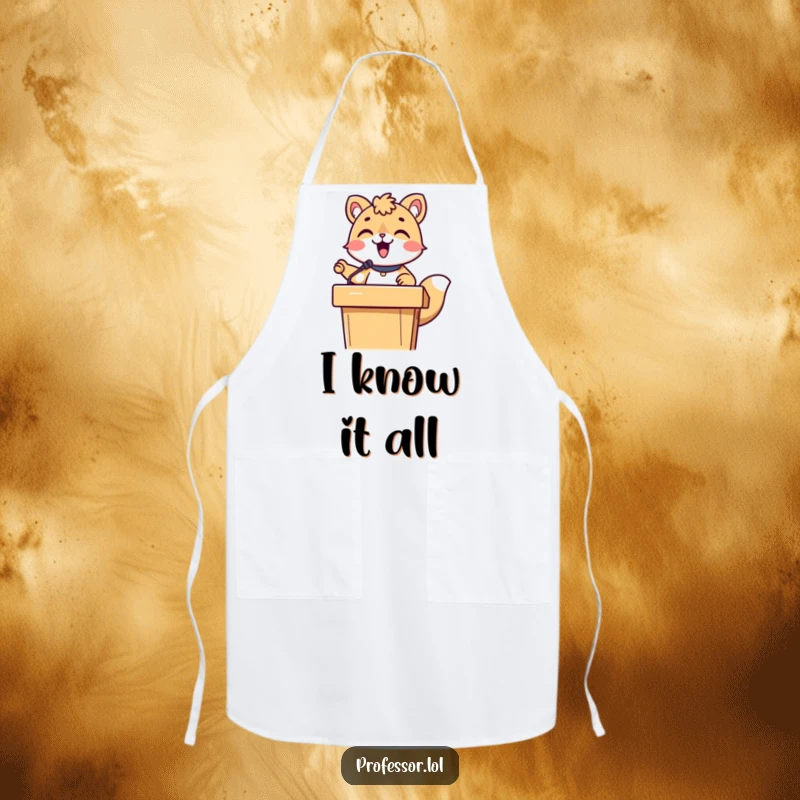 Funny cute animal character lecturing about cooking from behind a podium, a humorous apron for kitchen enthusiasts.