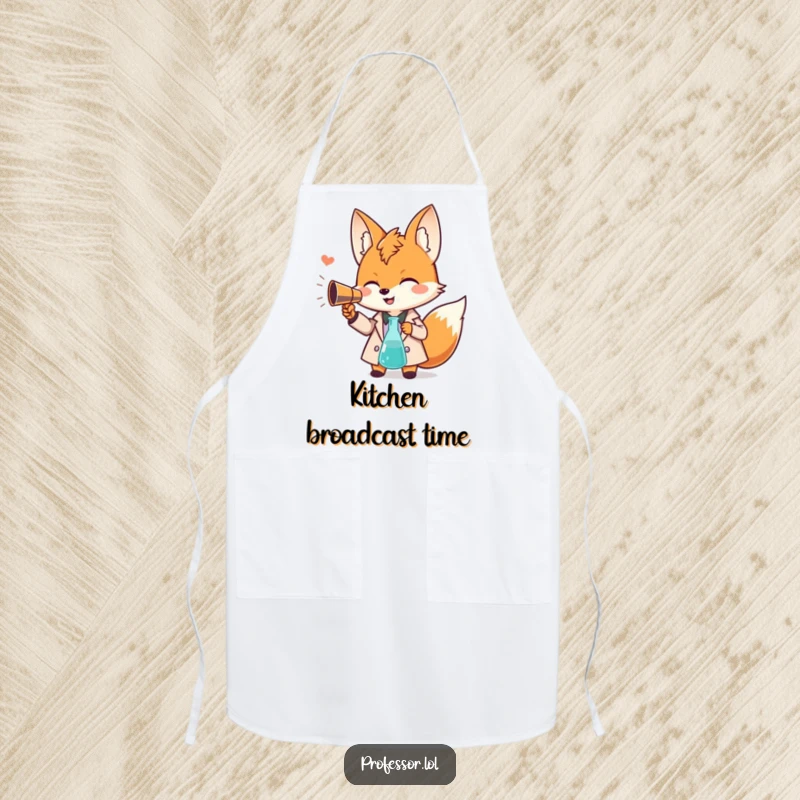 Funny Kawaii fox professor apron, giggling scholar with beaker megaphone, humorous kitchen wear, perfect for cooking enthusiasts.
