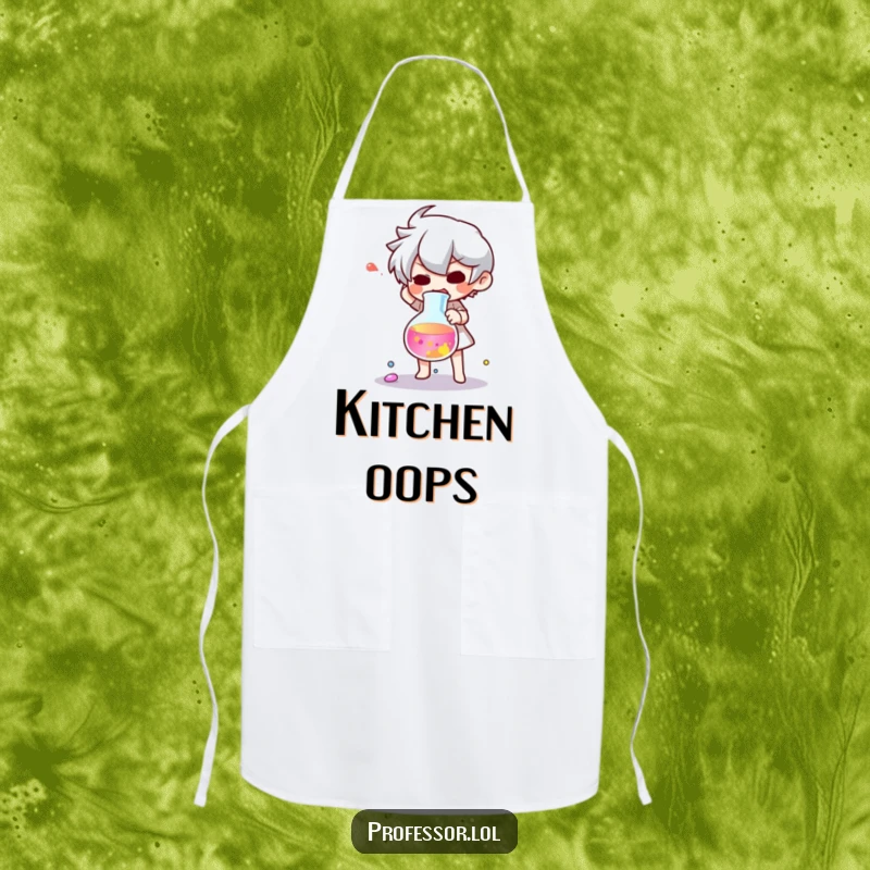 Funny apron showing a surprised character and a spilled beaker of colorful liquid, ideal for a humorous chef.