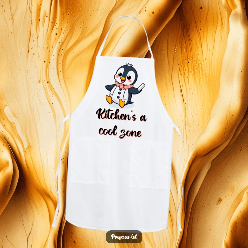 Funny Penguin Professor Apron: A cheerful penguin professor slides on an icy chalkboard, a hilarious and practical kitchen apron.