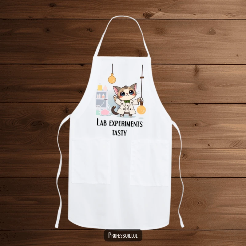Funny Cat Professor Apron: A curious cat professor bats at a dangling pendulum in a laboratory, a hilarious and practical kitchen apron.