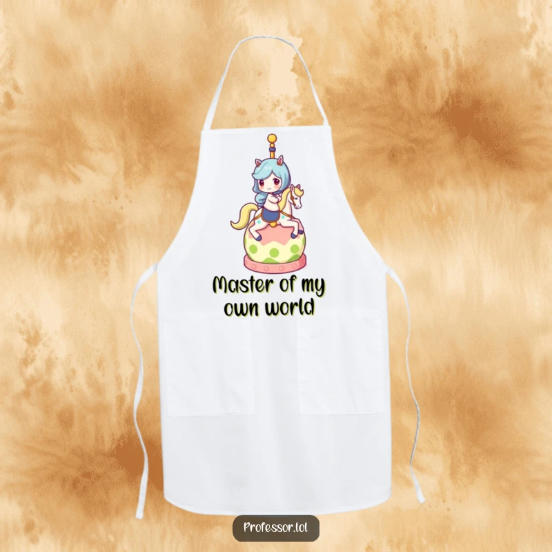 Funny apron featuring a character riding a globe, ideal for cooks who embark on culinary adventures and appreciate humor.