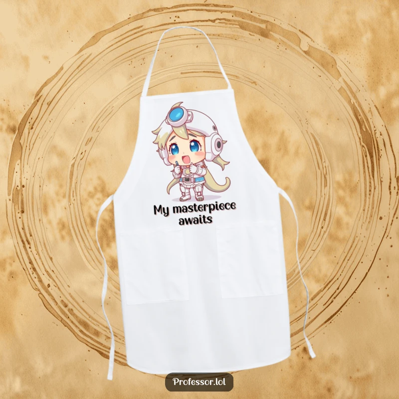 Funny apron for a model maker, showing a character engaged with a complex structure, perfect for crafting.