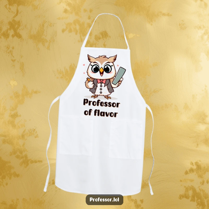 Funny Kawaii owl professor character excitedly explaining with chalk, printed on a kitchen apron.