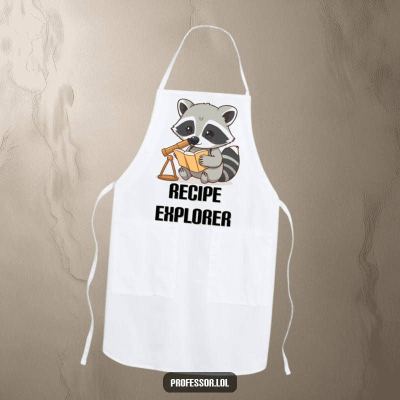 Funny apron with a curious raccoon using a telescope to examine a book, ideal for kitchen exploration.