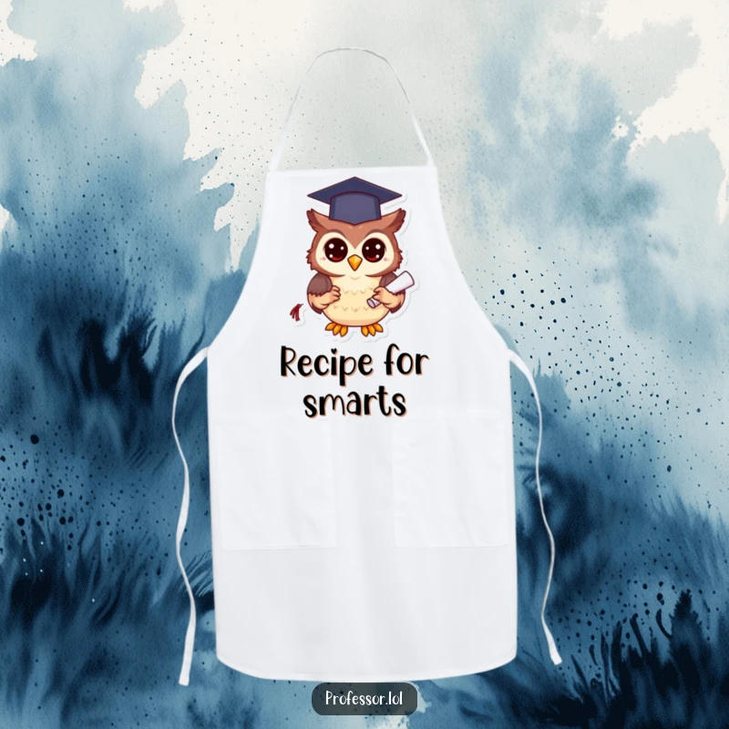 Funny happy owl wearing a graduation cap and diploma, looking wise while cooking on this kitchen apron.