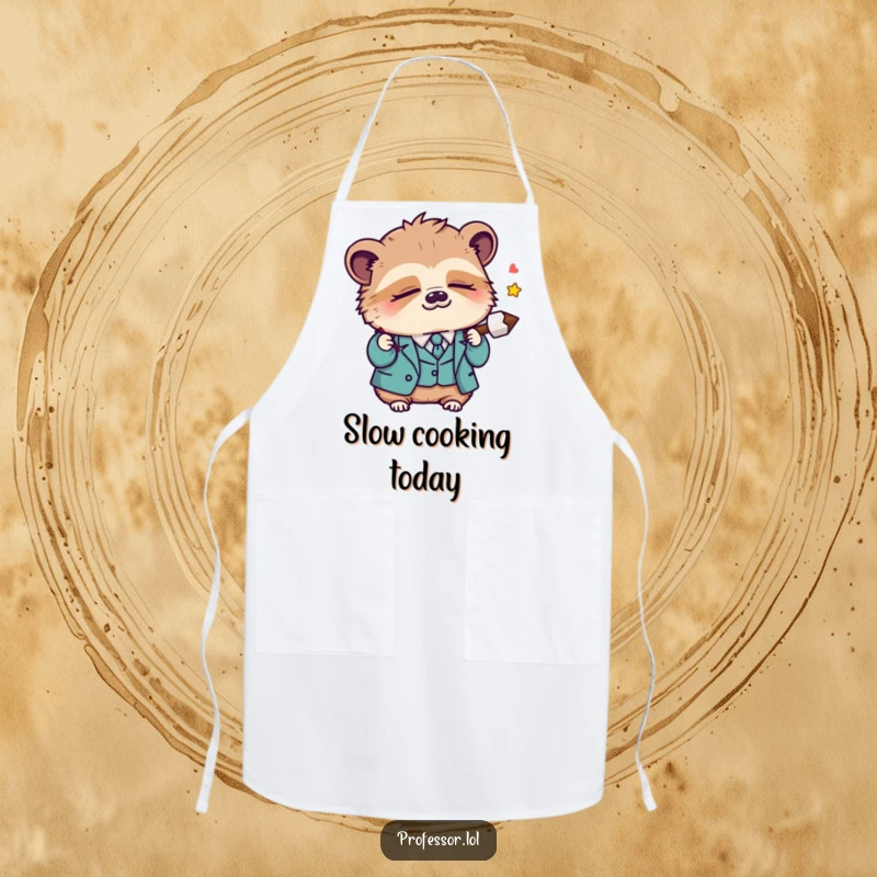Funny Kawaii sloth professor dozing off while holding a lecture pointer, depicted on a humorous kitchen apron, ideal for cooking.