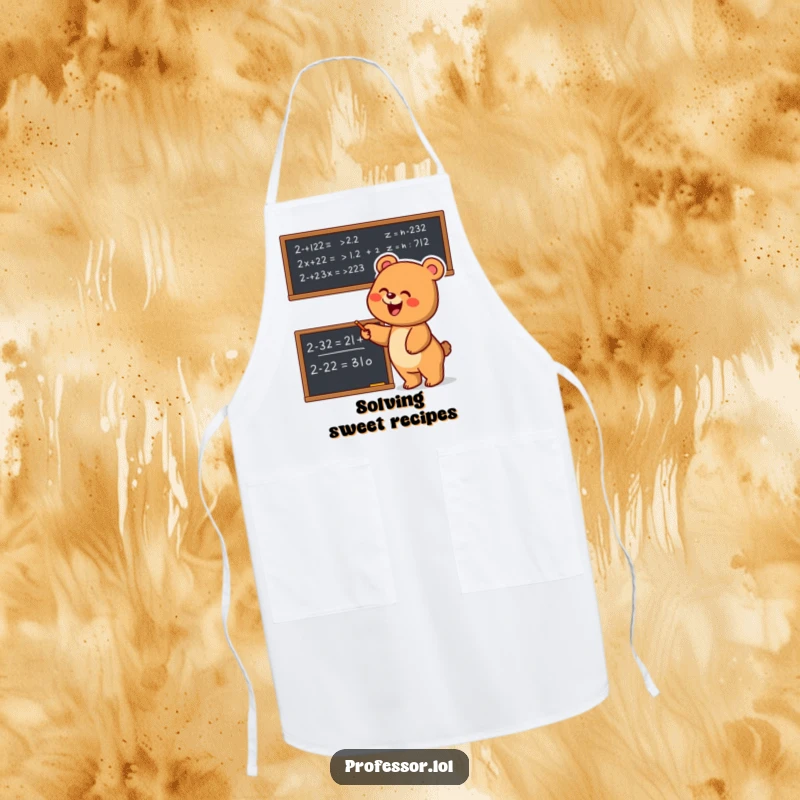 Funny Bear Math Apron: Joyful bear enthusiastically points at a complex equation while cooking, a fun and practical kitchen accessory.