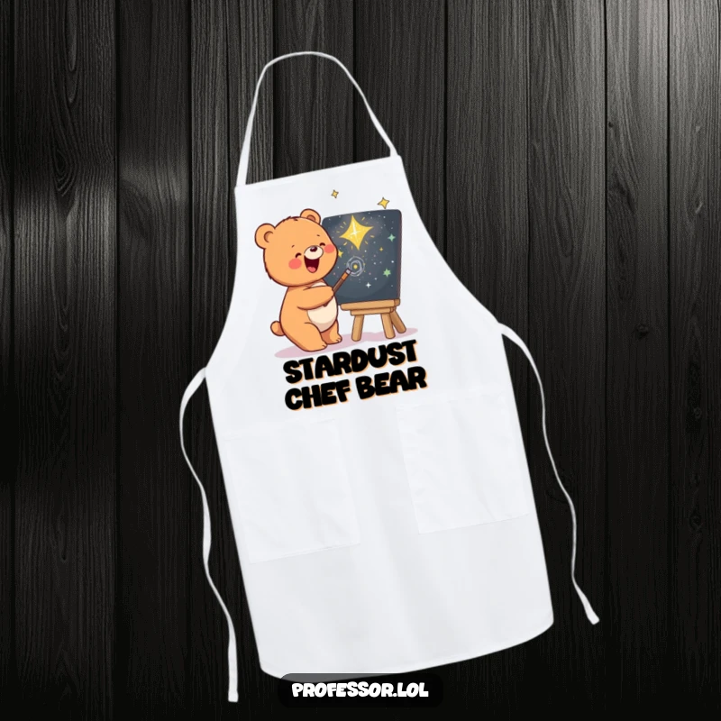 Funny apron showing a bear artist sketching a colorful galaxy on a chalkboard, perfect for culinary creativity.