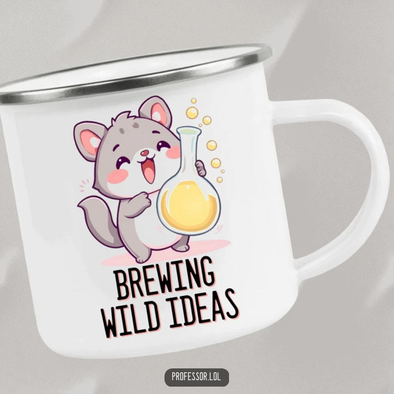 Funny cute animal character excitedly holding a bubbling beaker that overflows, a humorous camp mug for outdoor science lovers. Rugged and funny.