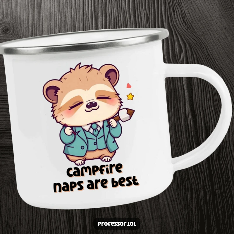 Funny Kawaii sloth professor dozing off while holding a lecture pointer, on a durable and humorous camping mug, perfect for outdoor enjoyment.