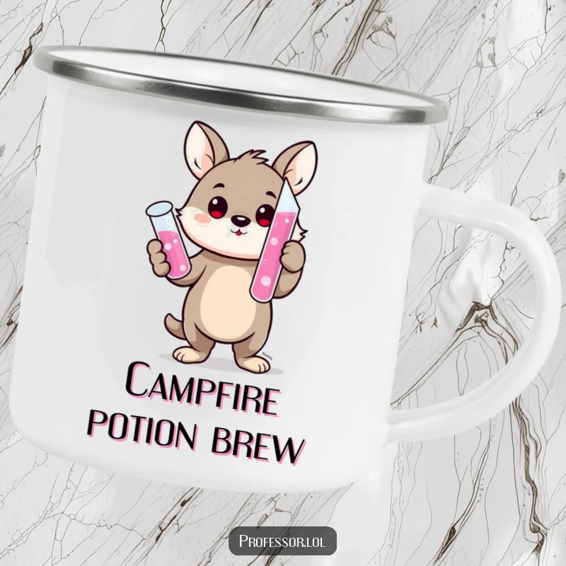 Funny camping mug with a cute animal character proudly holding a bubbling test tube, perfect for outdoor experiments and beverages.