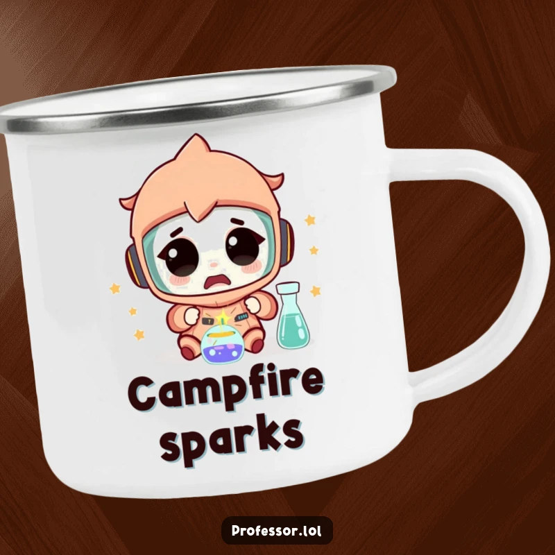 Funny Science Camping Mug: A character looks amazed at a tiny spark from an experiment, perfect for outdoor beverage enjoyment.
